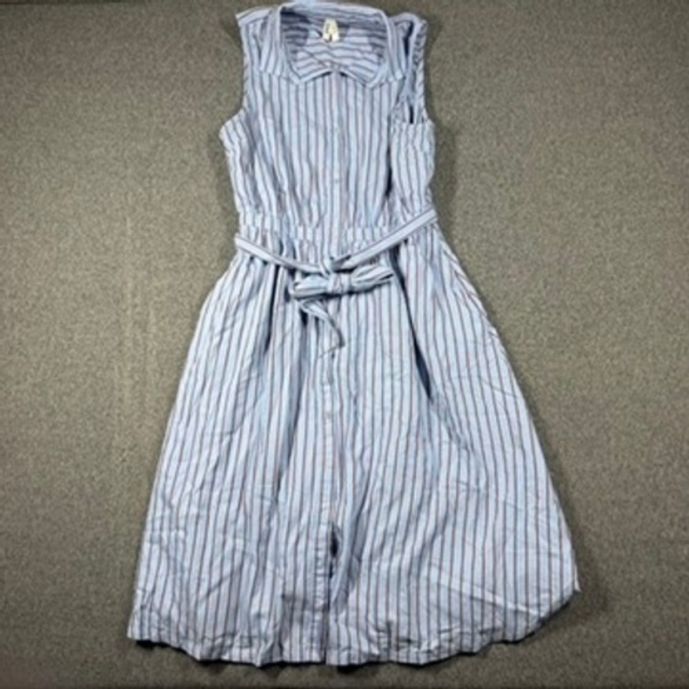 Pact Organic Cotton Striped Sleeveless Midi Shirt Dress Blue Brown Size L Preppy